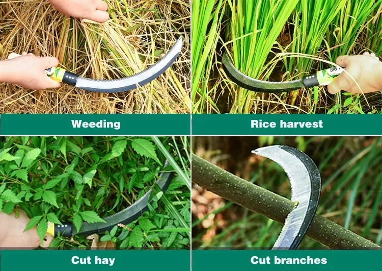 High Quality Carbon Steel Cutting Garden Farming Tool Grass Tooth Scythe with Long Wooden Handle Purning Sickle