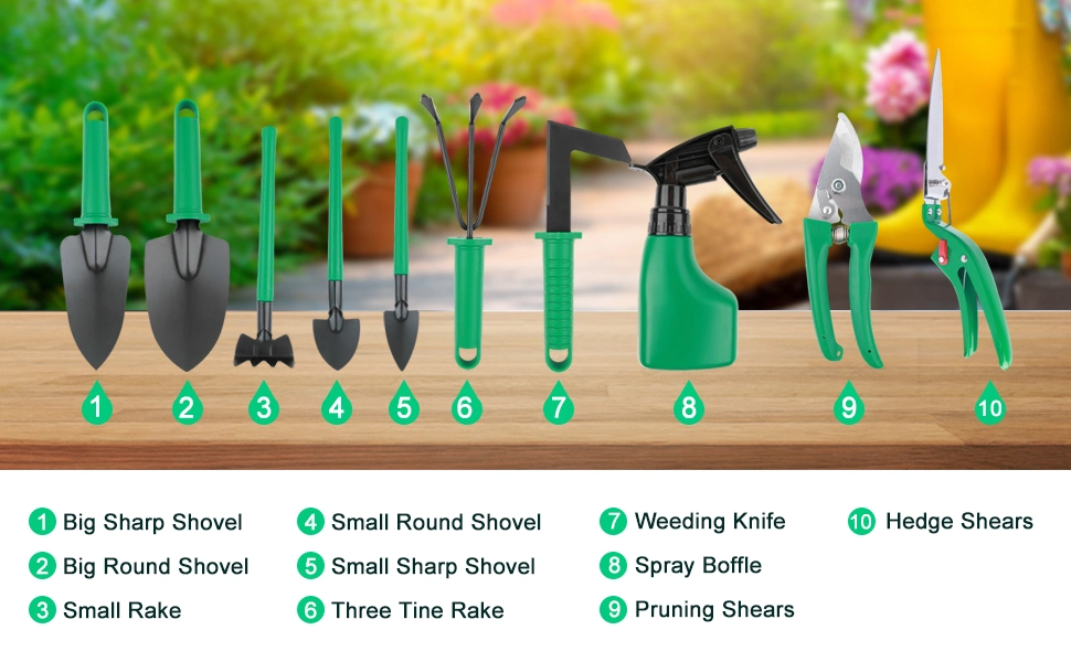 Garden Tool Set Kids 10 Pieces Hand Tool with Trowel Pruner Rake Shovel Grass Shear Spray Bottle with Storage Case