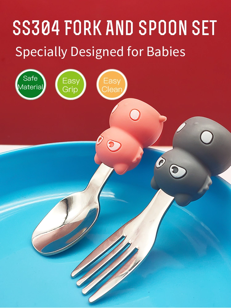 High Quality Infant Gift 316 Stainless Steel Baby Hand Grip Training Spoon Fork